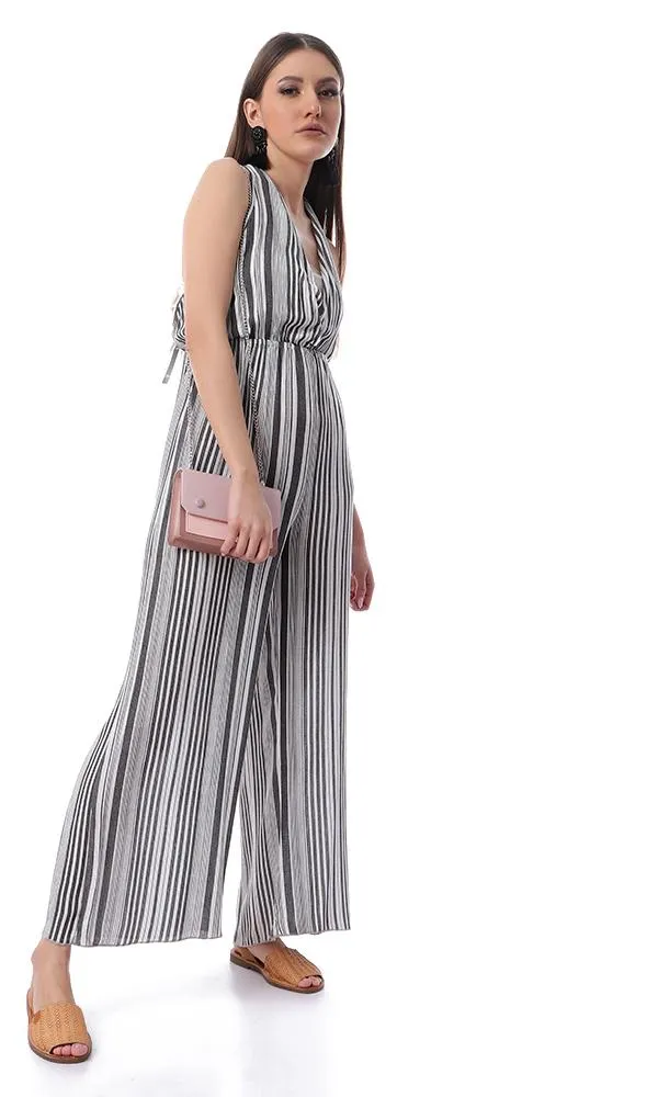 53444 Front Wrap Striped Slip On Black & White Summer Jumpsuit