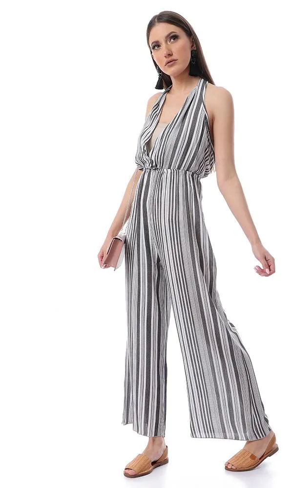 53444 Front Wrap Striped Slip On Black & White Summer Jumpsuit