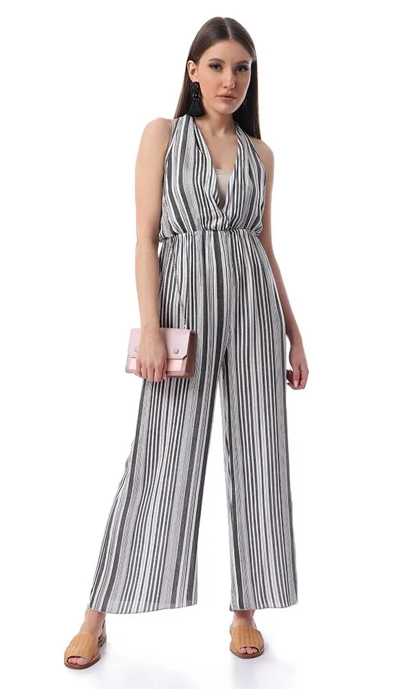 53444 Front Wrap Striped Slip On Black & White Summer Jumpsuit