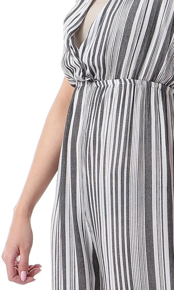 53444 Front Wrap Striped Slip On Black & White Summer Jumpsuit