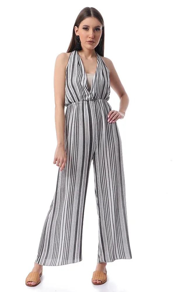 53444 Front Wrap Striped Slip On Black & White Summer Jumpsuit