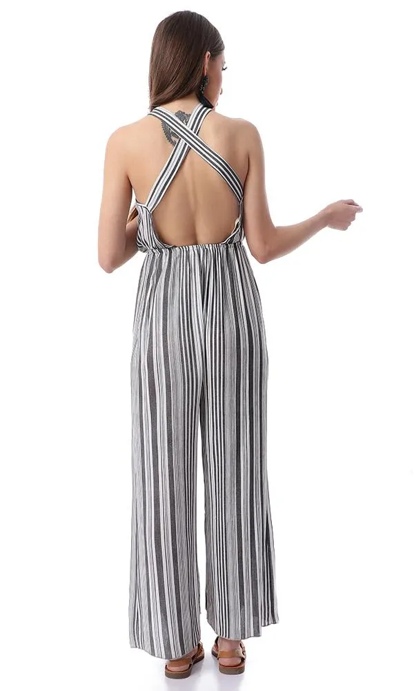 53444 Front Wrap Striped Slip On Black & White Summer Jumpsuit