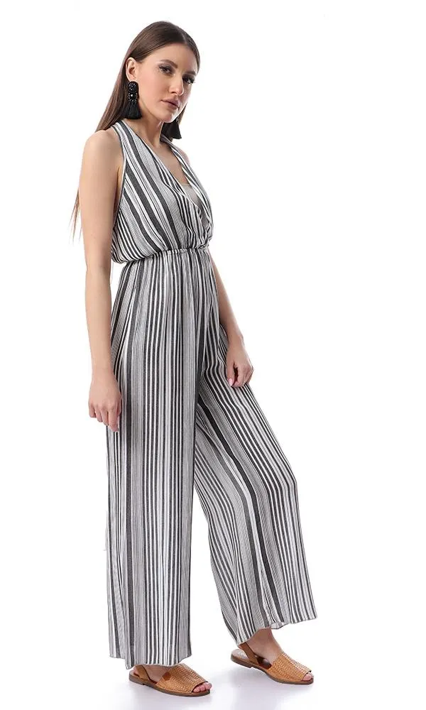 53444 Front Wrap Striped Slip On Black & White Summer Jumpsuit