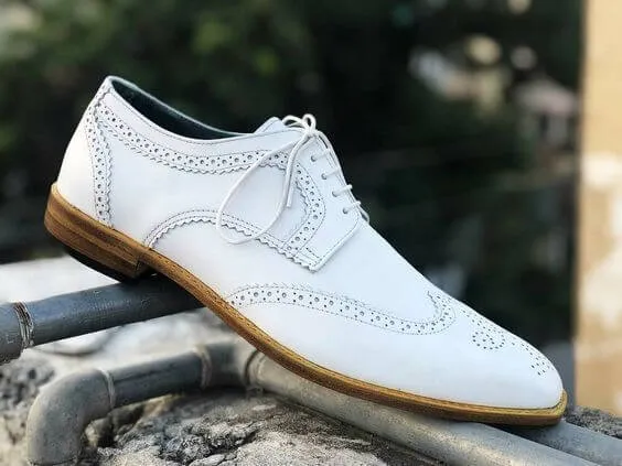 Beautiful Handmade Men's White Leather Wing Tip Brogue Lace Up Dress Shoes