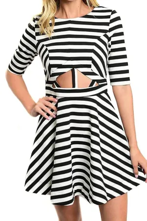 Black White Striped Cut Out Short Sleeve A-Line Skater Dress