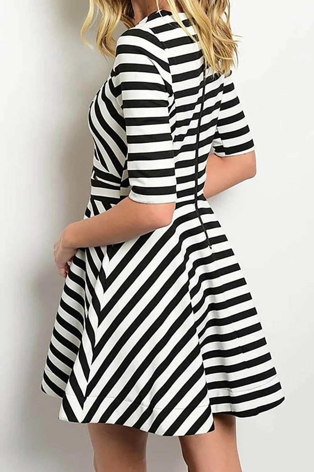 Black White Striped Cut Out Short Sleeve A-Line Skater Dress