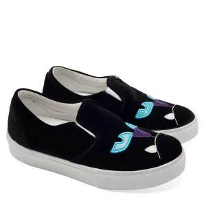 Chiara Ferragni Womens Luxurious Black Velvet Cat-Embellished Slip-On Sneakers