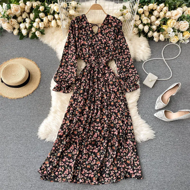 Floral Bohemian Long Sleeve Dress, Boho Maxi Dress for Women