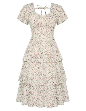 Floral Print Square Neck Tiered Ruffle Dress 2023 Summer Vintage A-line Swing Midi Dress