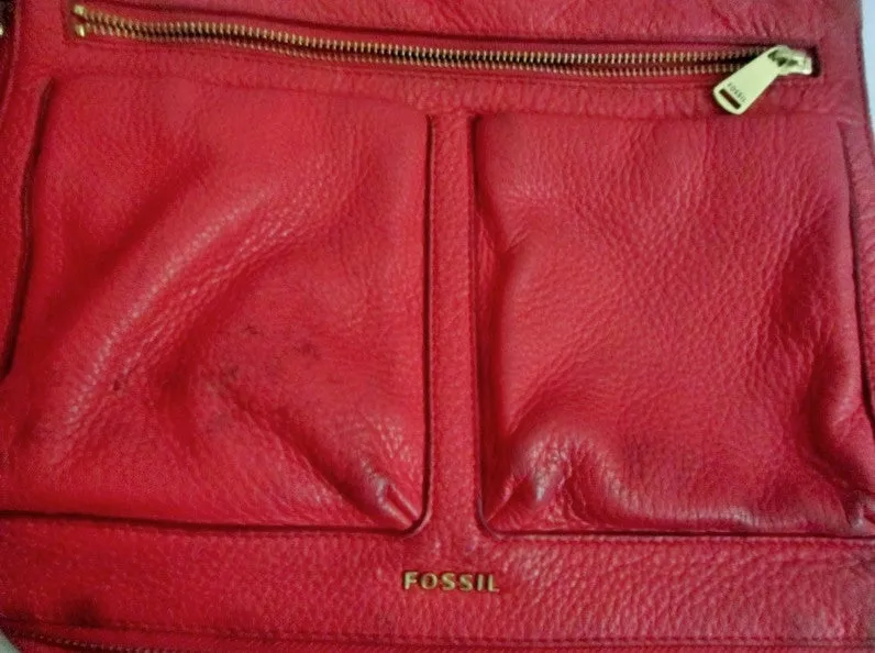 FOSSIL 1934 leather messenger satchel shoulder hobo saddle bag RED M