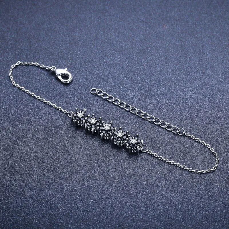 GZ314 - Silver Color Bracelet with Black Flowers - Charm Jewelry