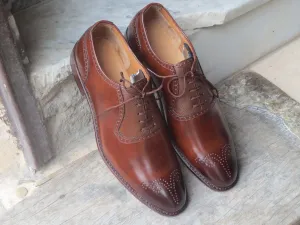 Handmade Brown Brogue Lace Up Pebbled Leather Shoes, Men Dress Formal Shoes