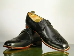 Handmade Men's Black Wing Tip Brogue Leather Monk Strap Shoes, Men Designer Dress Formal Shoes