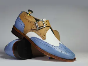 Handmade Men's Multi Color Leather Dress Shoes, Men Monk Strap Wing Tip Shoes