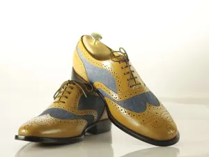 Handmade Men's Tan Blue Leather Denim Wing Tip Brogue Lace Up Shoes, Men Designer Dress Formal Luxury Shoes