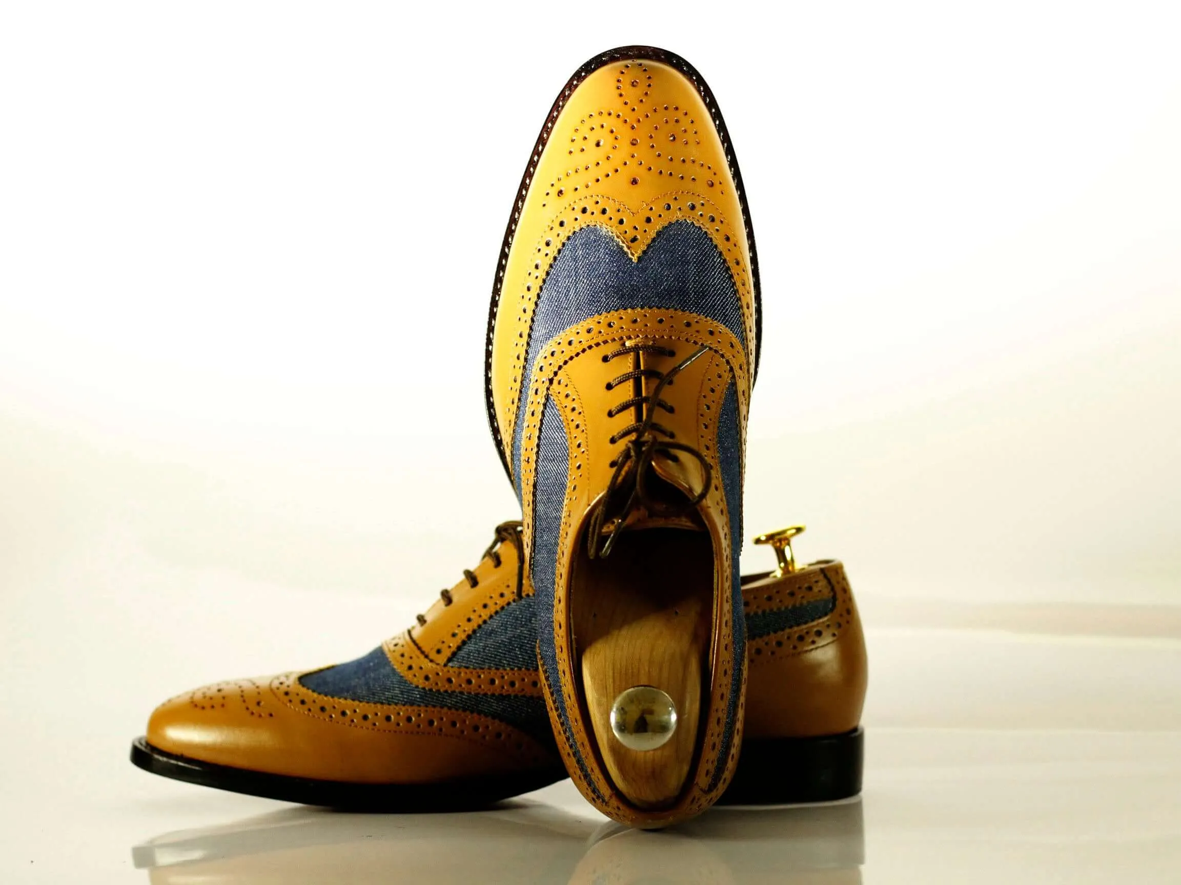 Handmade Men's Tan Blue Leather Denim Wing Tip Brogue Lace Up Shoes, Men Designer Dress Formal Luxury Shoes