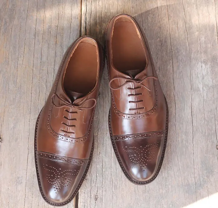 Handmade Men's Two Tone Brown Brogue Leather Shoes, Men's Lace Up Dress Shoes