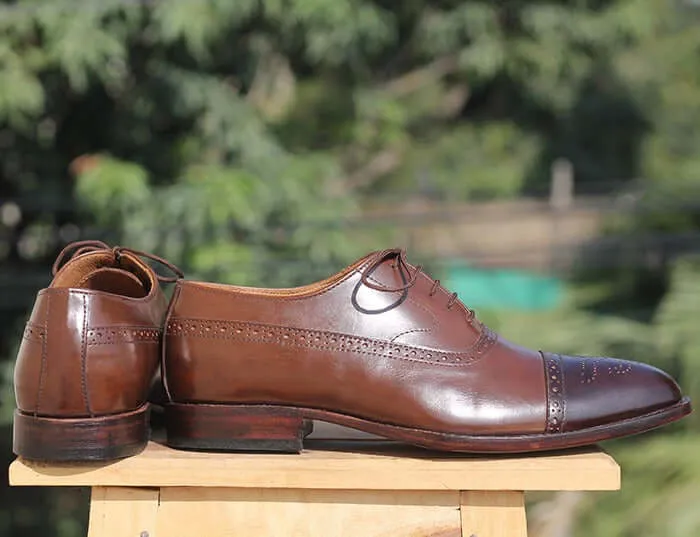 Handmade Men's Two Tone Brown Brogue Leather Shoes, Men's Lace Up Dress Shoes