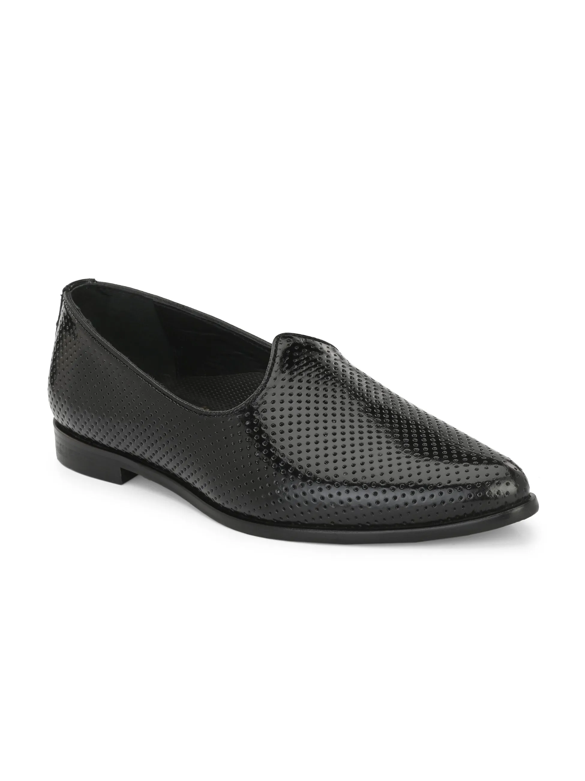 Hitz Men's Black Leather Slip-On Ethnic Shoes