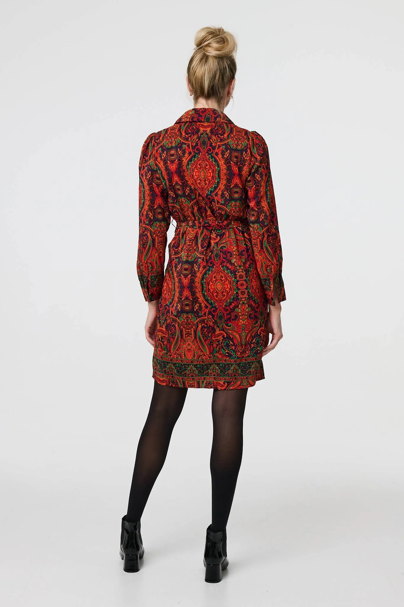 Mosaic Print Long Sleeve Short Shirt Dress